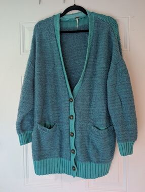 Free People Teal Two-Tone Button‎ Front Cardigan With Pockets